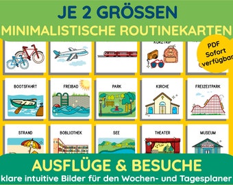 Puede incluir: Un conjunto de 10 tarjetas de rutina minimalistas para niños con imágenes de actividades como navegar, nadar, ir al parque, a la iglesia, al parque de atracciones, a la playa, a la biblioteca, al lago, al teatro y al museo. Las tarjetas están en dos tamaños y están disponibles para descargar en PDF.