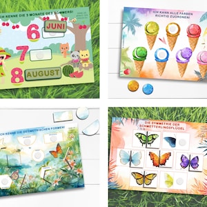 May include: Four colorful educational activity cards for children. The cards feature images of ice cream cones, butterflies, geometric shapes, and the months of June, July, and August. The cards are designed to help children learn about colors, shapes, and the months of the year.