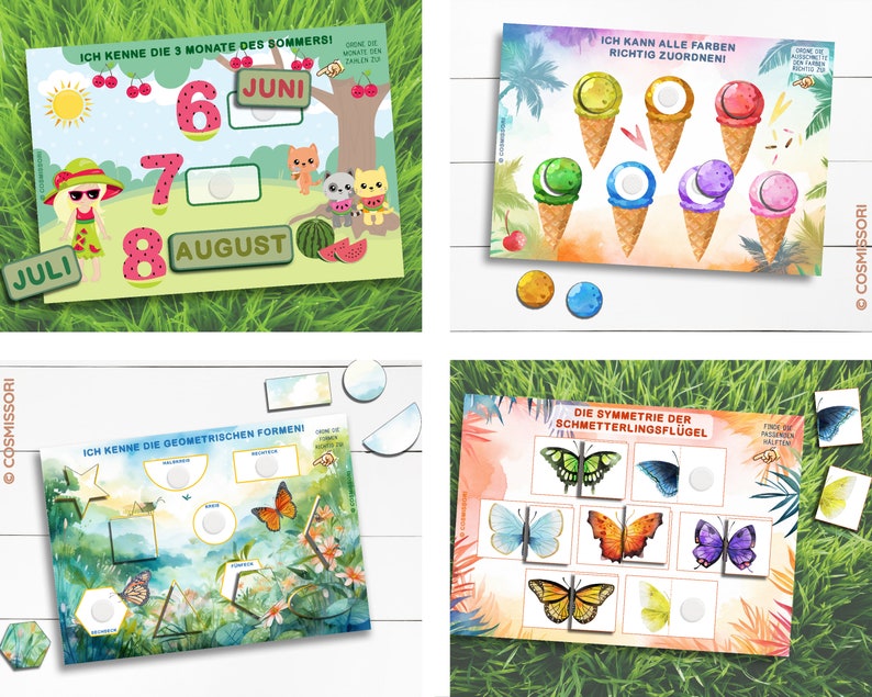 May include: Four colorful educational activity cards for children. The cards feature images of ice cream cones, butterflies, geometric shapes, and the months of June, July, and August. The cards are designed to help children learn about colors, shapes, and the months of the year.