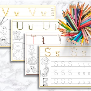 May include: Four printable worksheets for learning the letters V, U, T, and S. Each worksheet features a dotted line for tracing the letter, a larger version of the letter to color, and several smaller versions of the letter to practice writing. The worksheets also include pictures of objects that start with the letter being learned.