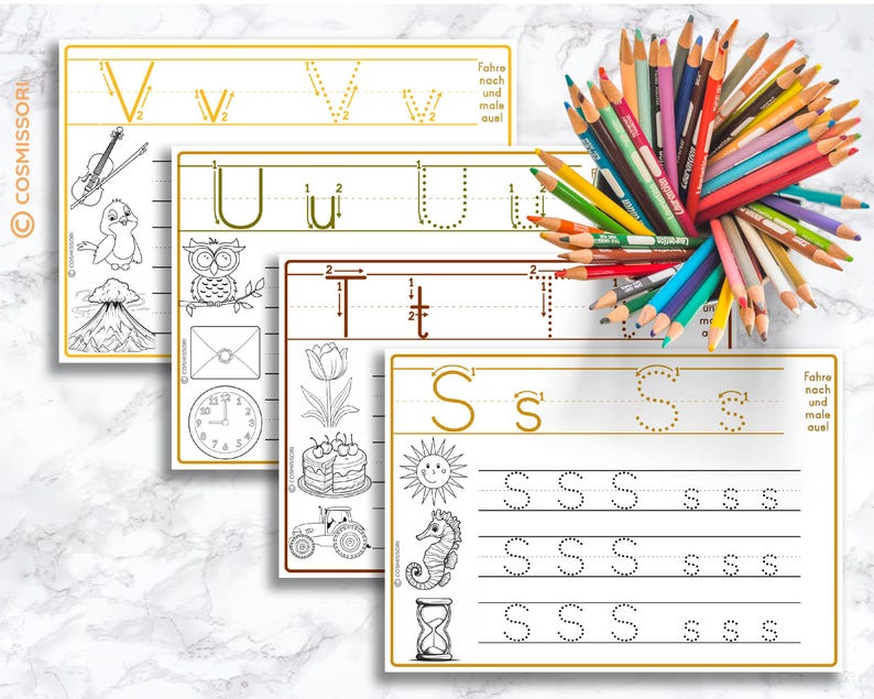 May include: Four printable worksheets for learning the letters V, U, T, and S. Each worksheet features a dotted line for tracing the letter, a larger version of the letter to color, and several smaller versions of the letter to practice writing. The worksheets also include pictures of objects that start with the letter being learned.