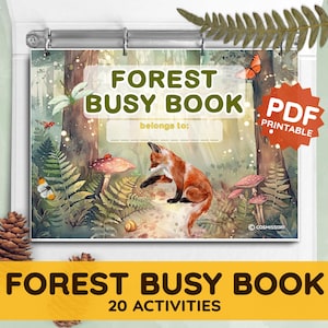 Könnte beinhalten: Ein druckbares Beschäftigungsbuch zum Thema Wald für Kinder mit 20 Aktivitäten. Das Cover zeigt einen Fuchs in einer Waldlandschaft mit Pilzen, Farnen und Schmetterlingen. Der Text "FOREST BUSY BOOK" und "20 ACTIVITIES" ist auf dem Cover gedruckt.