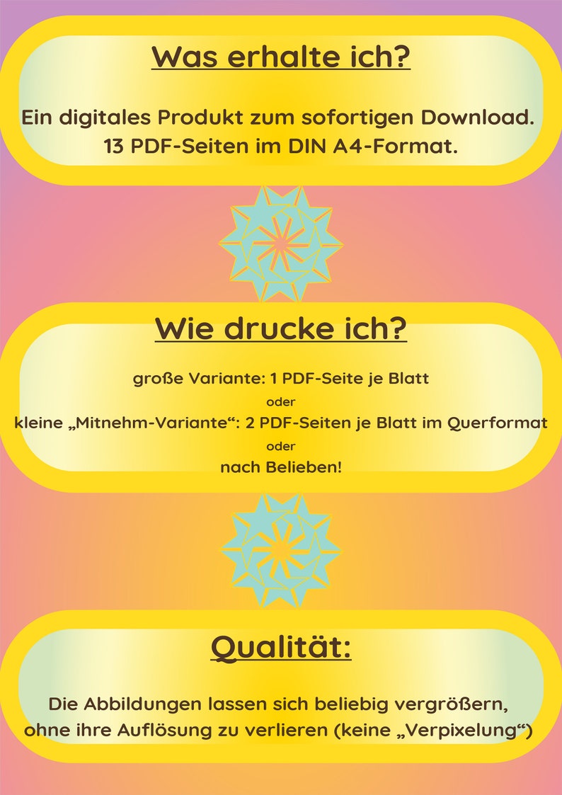 May include: A yellow and pink graphic with the text "Was erhalte ich?" (What do I get?) and "Ein digitales Produkt zum sofortigen Download. 13 PDF-Seiten im DIN A4-Format." (A digital product for immediate download. 13 PDF pages in DIN A4 format). The graphic also includes the text "Wie drucke ich?" (How do I print?) and "Qualit&auml;t" (Quality).