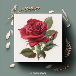 K&ouml;nnte beinhalten: Eine einzelne rote Rose mit gr&uuml;nen Bl&auml;ttern und einer Knospe. Die Rose ist in voller Bl&uuml;te und hat eine tiefrote Farbe. Die Bl&auml;tter sind leuchtend gr&uuml;n und die Knospe ist in einem helleren Gr&uuml;nton.