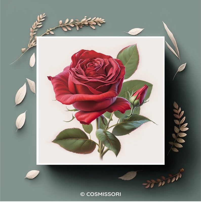 K&ouml;nnte beinhalten: Eine einzelne rote Rose mit gr&uuml;nen Bl&auml;ttern und einer Knospe. Die Rose ist in voller Bl&uuml;te und hat eine tiefrote Farbe. Die Bl&auml;tter sind leuchtend gr&uuml;n und die Knospe ist in einem helleren Gr&uuml;nton.