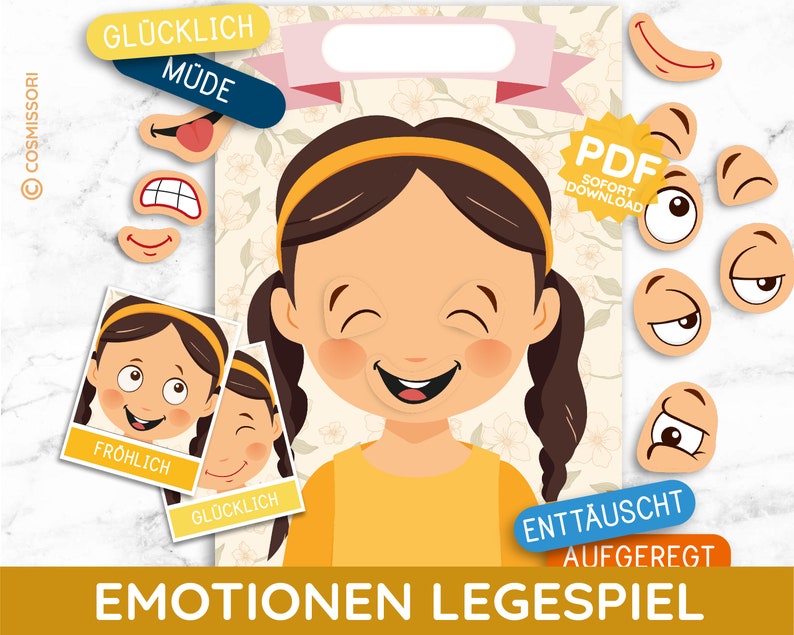 May include: A printable game for kids to learn about emotions. The game features a girl's face with different facial expressions and a set of eyes, mouths, and eyebrows to match. The game is titled "Emotionen Legespiel" which translates to "Emotions Matching Game".