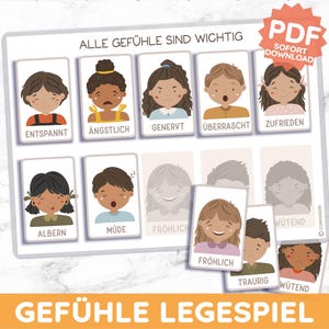 Könnte beinhalten: Ein Kartenspiel mit Emotionen, das Illustrationen von Kindern zeigt, die verschiedene Gefühle ausdrücken. Die Karten tragen Wörter wie "ENTSPANNT" und "WÜTEND". Das Bild enthält auch den Text "ALLE GEFÜHLE SIND WICHTIG" und "GEFÜHLE LEGESPIEL".