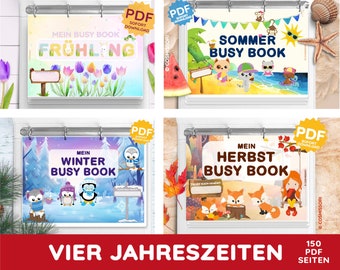 May include: Four colorful busy books, each representing a different season. The books feature illustrations of animals, flowers, and nature scenes. The titles are "My Spring Busy Book", "My Summer Busy Book", "My Autumn Busy Book", and "My Winter Busy Book". Each book has a PDF download button.