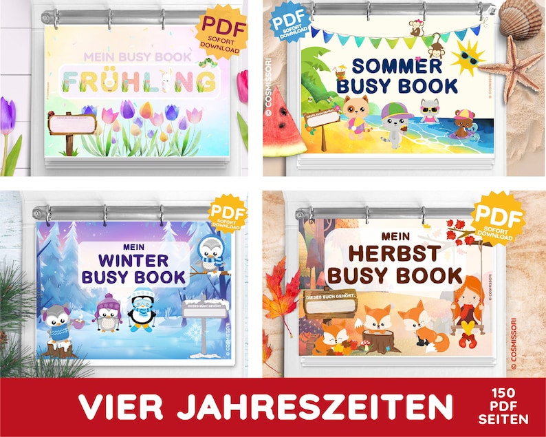 May include: Four colorful busy books, each representing a different season. The books feature illustrations of animals, flowers, and nature scenes. The titles are "My Spring Busy Book", "My Summer Busy Book", "My Autumn Busy Book", and "My Winter Busy Book". Each book has a PDF download button.
