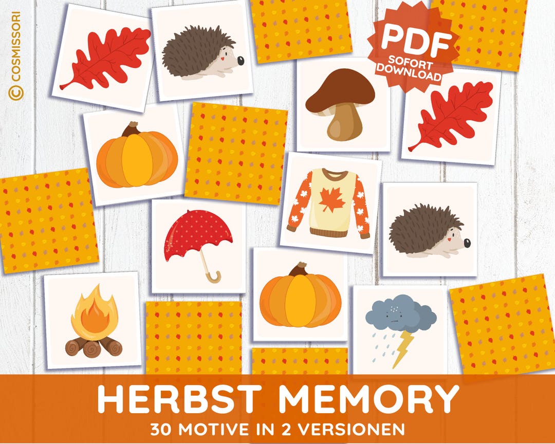 AUTUMN MEMORY Printable Picture Cards Montessori Autumnal Puzzle Pdf ...