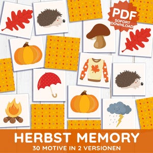 May include: A collection of illustrated cards with autumn-themed images, including pumpkins, leaves, hedgehogs, and a sweater. The cards are arranged on a white wooden surface, with the text "HERBST MEMORY" and "PDF SOFORT DOWNLOAD" visible.