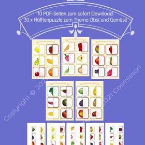 May include: A set of 30 printable half-picture puzzles featuring fruits and vegetables. The puzzles are designed to help children learn about different types of produce. The puzzles are divided into two parts, with each part showing half of a fruit or vegetable. Children must match the two halves together to complete the puzzle. The puzzles are printed on white paper with a yellow border. The text on the puzzles reads "Finde die passende H&auml;lfte!" which translates to "Find the matching half!"