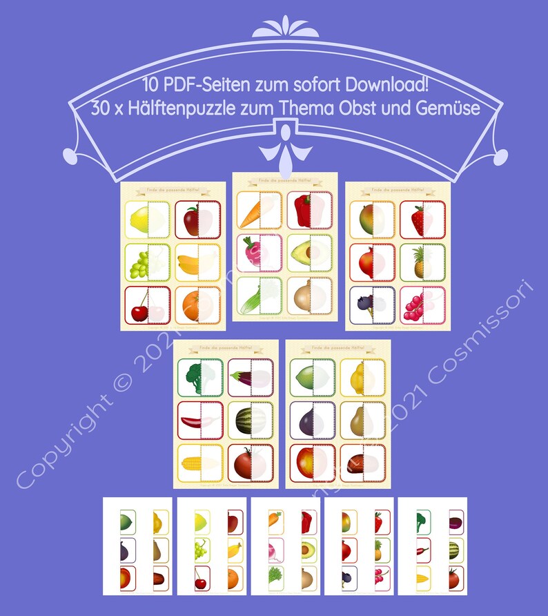 May include: A set of 30 printable half-picture puzzles featuring fruits and vegetables. The puzzles are designed to help children learn about different types of produce. The puzzles are divided into two parts, with each part showing half of a fruit or vegetable. Children must match the two halves together to complete the puzzle. The puzzles are printed on white paper with a yellow border. The text on the puzzles reads "Finde die passende H&auml;lfte!" which translates to "Find the matching half!"
