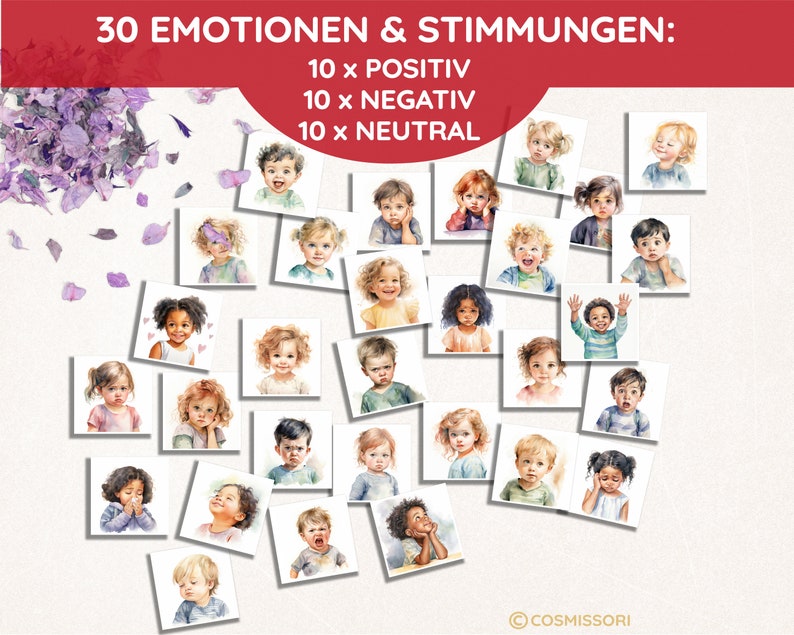 Emotions Children Watercolor Montessori Picture Cards Learning Cards Flash Cards PDF Template Feelings Cards Mood Cards Feelings Child German image 3