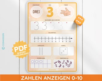 Numbers 0-10 discover show workbook worksheet number line dice ten frame tally list tracing child kindergarten German PDF DIY