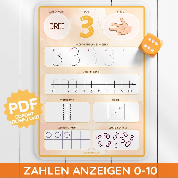 Zahlen 0-10 entdecken zeigen Arbeitsheft Arbeitsblatt Zahlenstrahl Würfel Zehnerrahmen Strichliste Tracing Kind Kindergarten deutsch PDF DIY