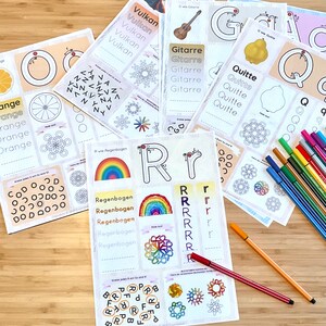 May include: A set of printable worksheets for learning the German alphabet. Each page features a different letter, with various activities such as tracing, coloring, and finding the letter in a word search. The letters are illustrated with colorful images and the words are written in German.