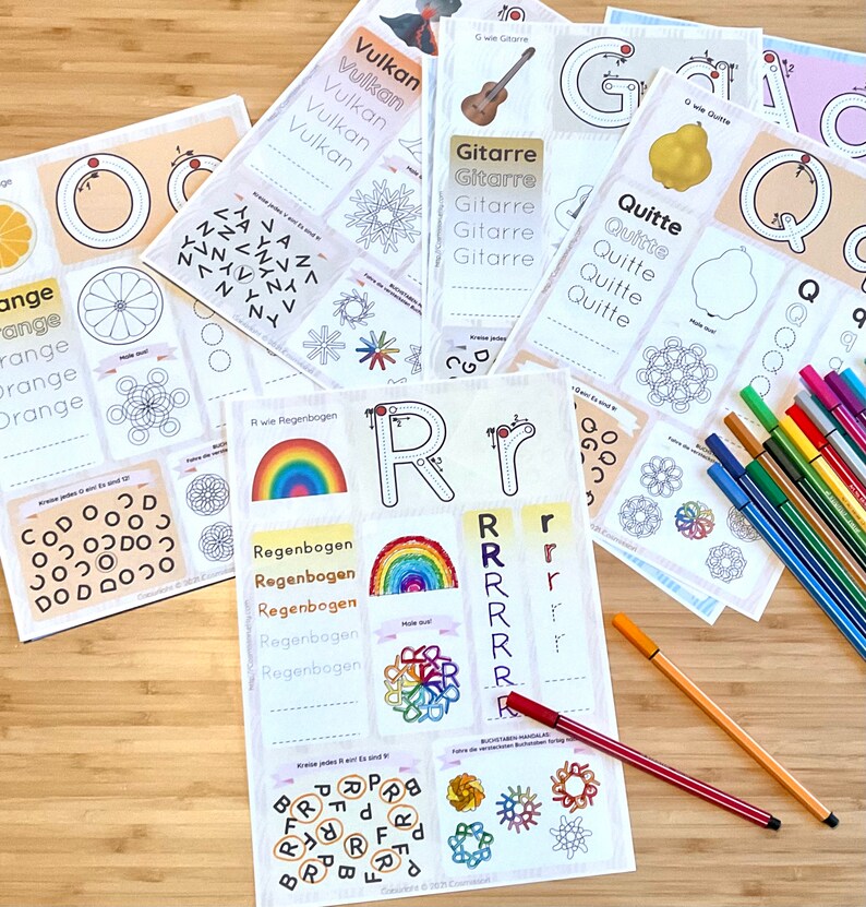 May include: A set of printable worksheets for learning the German alphabet. Each page features a different letter, with various activities such as tracing, coloring, and finding the letter in a word search. The letters are illustrated with colorful images and the words are written in German.