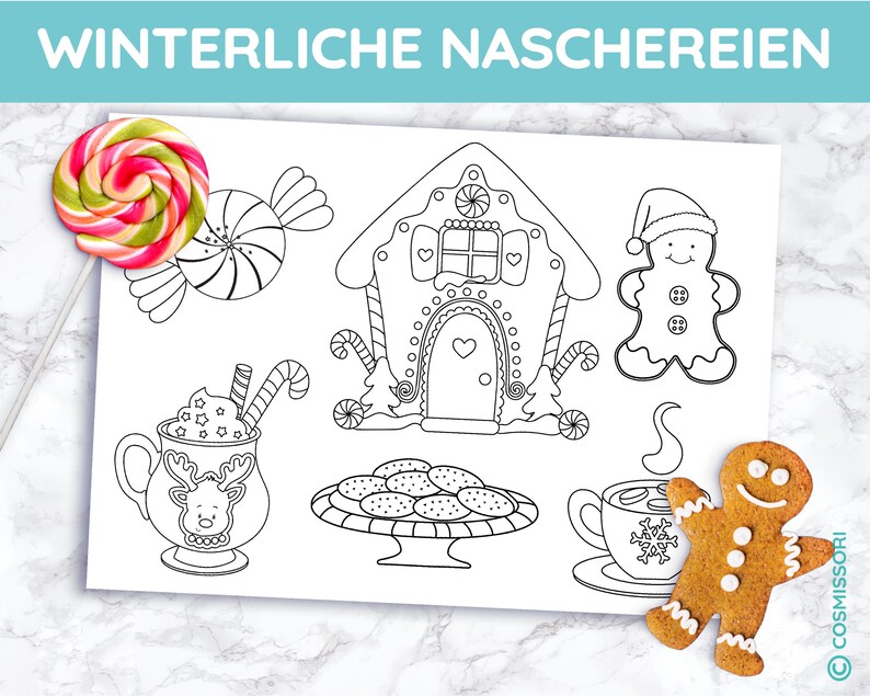 May include: A sheet with black and white illustrations of holiday treats, including a gingerbread house, gingerbread man, cookies, and hot cocoa. A colorful lollipop and a gingerbread man cookie are also present.