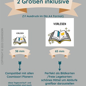 May include: Two sizes of printable Montessori-style "Vorlesen" (read aloud) cards, one measuring 38 mm and the other 65 mm. The cards feature a cartoon image of an open book with a crown and a smiling face. The text "Vorlesen" is printed on the cards. The cards are compatible with all Montessori planners.