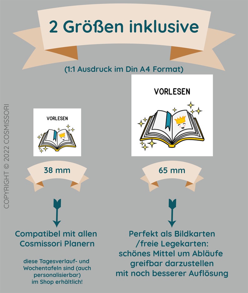 May include: Two sizes of printable Montessori-style "Vorlesen" (read aloud) cards, one measuring 38 mm and the other 65 mm. The cards feature a cartoon image of an open book with a crown and a smiling face. The text "Vorlesen" is printed on the cards. The cards are compatible with all Montessori planners.