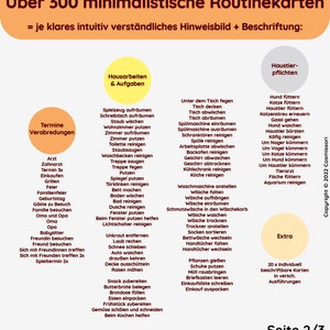 May include: A printable checklist of over 300 minimalist routine cards for household chores, pet care, appointments, and errands. The cards are designed to be clear and easy to understand with simple icons and text. The text is in German.