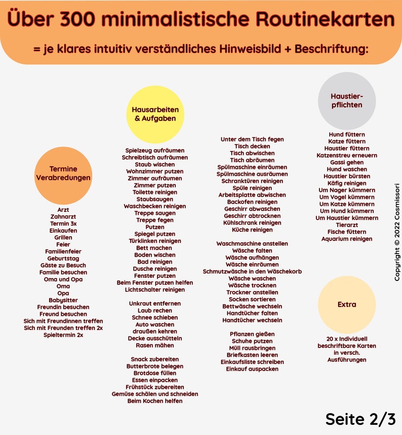May include: A printable checklist of over 300 minimalist routine cards for household chores, pet care, appointments, and errands. The cards are designed to be clear and easy to understand with simple icons and text. The text is in German.