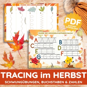 Hojas de trabajo ilustradas otoñales para imprimir, letras del alfabeto alemán, motivación lúdica, aprender a escribir, regalo de otoño para niños.