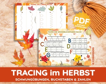 autumnally illustrated worksheets print template letters alphabet German learn to write playfully motivated child autumn gift