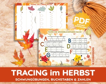 May include: Tracing worksheet with autumn leaves and pumpkins. The worksheet includes tracing lines, uppercase letters, and the text "FAHRE DIE LINIEN NACHI!" and "FAHRE DIE GROSSBUCHSTABEN NACH!"