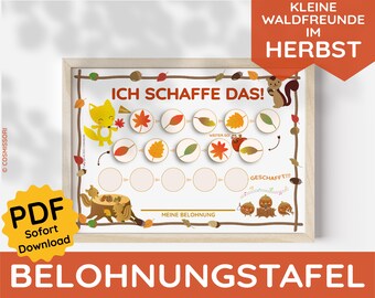 May include: A printable reward chart featuring a fox and a squirrel with autumn leaves. The chart says "Ich schaffe das!" (I can do it!) and "Meine Belohnung" (My reward).