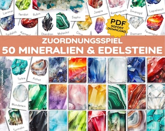 50 Minerals Gemstones Crystals Montessori Matching Game Picture Cards Pairs Search Game PDF Printable DIY Special Gift for Child