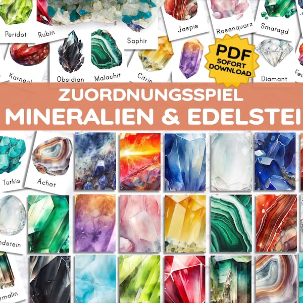 50 Mineralien Edelsteine Kristalle Montessori Zuordnungsspiel Bildkarten Paare Suchspiel PDF Druckvorlage DIY besonderes Geschenk für Kind