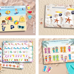 May include: Four colorful printable activity sheets for kids featuring a beach theme. The sheets include activities like matching, counting, and pattern recognition. The activities feature images of beach items like flip flops, seashells, and beach umbrellas.
