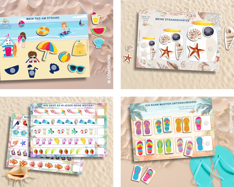 May include: Four colorful printable activity sheets for kids featuring a beach theme. The sheets include activities like matching, counting, and pattern recognition. The activities feature images of beach items like flip flops, seashells, and beach umbrellas.