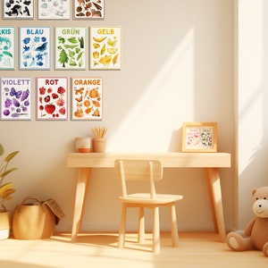 May include: A set of 10 colorful educational posters featuring various objects and the German words for each color. The posters are hung on a white wall in a child's room. The posters are arranged in a rainbow order, starting with violet and ending with yellow. The posters are a great way to teach children about colors and the German language.