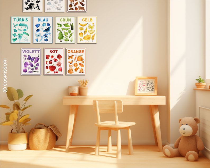 May include: A set of 10 colorful educational posters featuring various objects and the German words for each color. The posters are hung on a white wall in a child's room. The posters are arranged in a rainbow order, starting with violet and ending with yellow. The posters are a great way to teach children about colors and the German language.