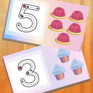 May include: Two printable worksheets for children to practise counting and number recognition. The first worksheet shows the number 5 with dotted lines to trace and five pink jelly cups. The second worksheet shows the number 3 with dotted lines to trace and three blue cupcakes with white frosting and sprinkles.