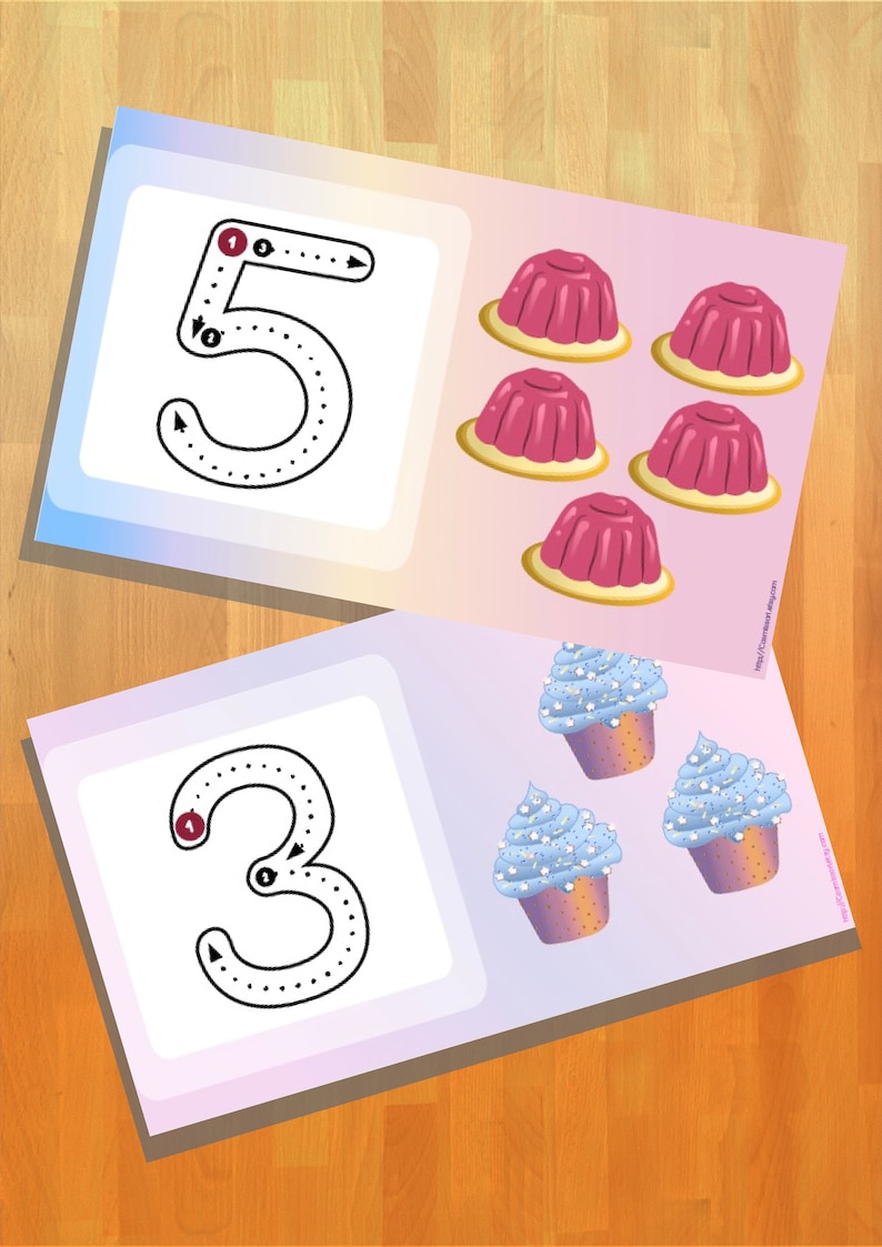 May include: Two printable worksheets for children to practise counting and number recognition. The first worksheet shows the number 5 with dotted lines to trace and five pink jelly cups. The second worksheet shows the number 3 with dotted lines to trace and three blue cupcakes with white frosting and sprinkles.