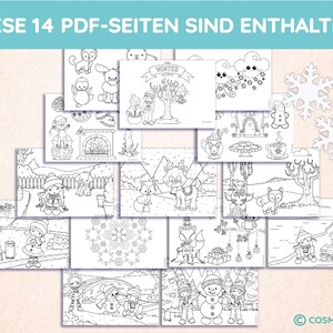 May include: A collection of 14 printable PDF coloring pages featuring winter-themed illustrations. The pages include images of snowmen, animals, and winter scenes. The text "DIESE 14 PDF-SEITEN SIND ENTHALTEN" is displayed at the top.