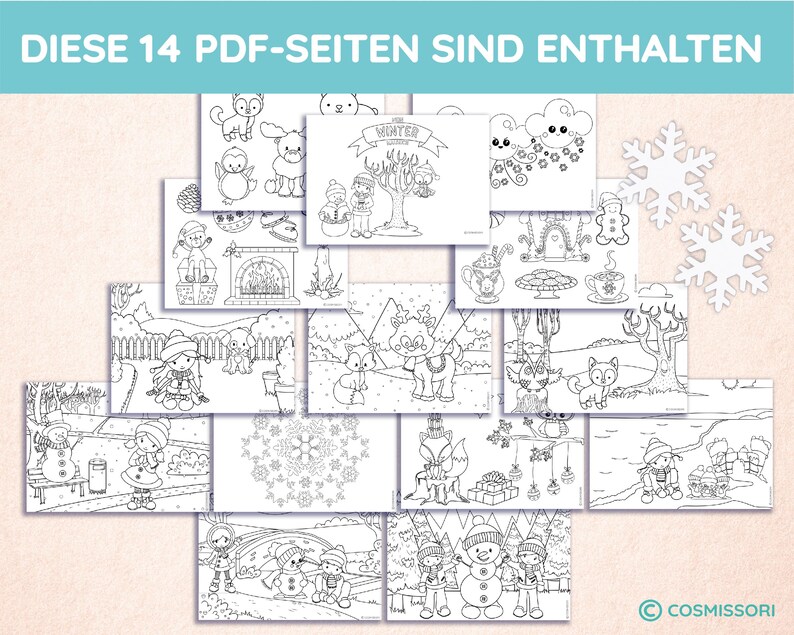 May include: A collection of 14 printable PDF coloring pages featuring winter-themed illustrations. The pages include images of snowmen, animals, and winter scenes. The text "DIESE 14 PDF-SEITEN SIND ENTHALTEN" is displayed at the top.
