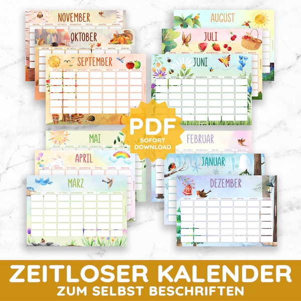 Kinderkalender zeitlos Tabelle 365 Tage zum Selbsteintragen Monatskalender individuell PDF DIY Kinder Geschenk Montessori Schulkind Planer