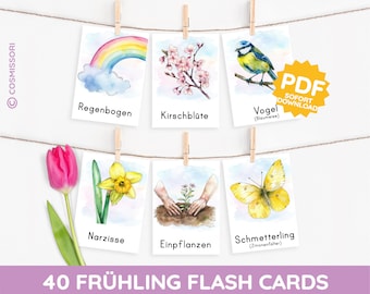 Frühling Montessori Bildkarten Aquarell Lernkarten PDF Kartensatz Vorlage drucken Kind Kleinkind Baby Kita Nomenklaturkarte Wortschatz Druck
