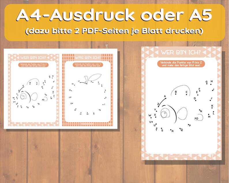May include: A printable worksheet with three connect-the-dots activities. The first activity is a fish, the second is an apple, and the third is a fish. The instructions are in German and say "Connect the dots from A to 2 and color the finished picture".
