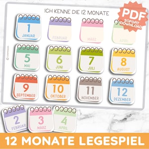 Könnte beinhalten: Ein Set aus 12 Kalender-Lernkarten, jede mit einer Nummer und Monatsnamen auf Deutsch. Die Karten sind auf weißem Hintergrund angeordnet, mit dem Text "ICH KENNE DIE 12 MONATE" oben. Ein PDF-Download-Label ist sichtbar.