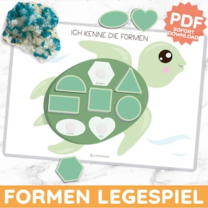 Puede incluir: Un juego educativo para niños con una tortuga verde y varias formas geométricas. El juego tiene el texto "ICH KENNE DIE FORMEN" y "FORMEN LEGESPIEL". Las formas incluyen un rectángulo, un cuadrado, un triángulo y un círculo. Un icono de descarga PDF es visible.