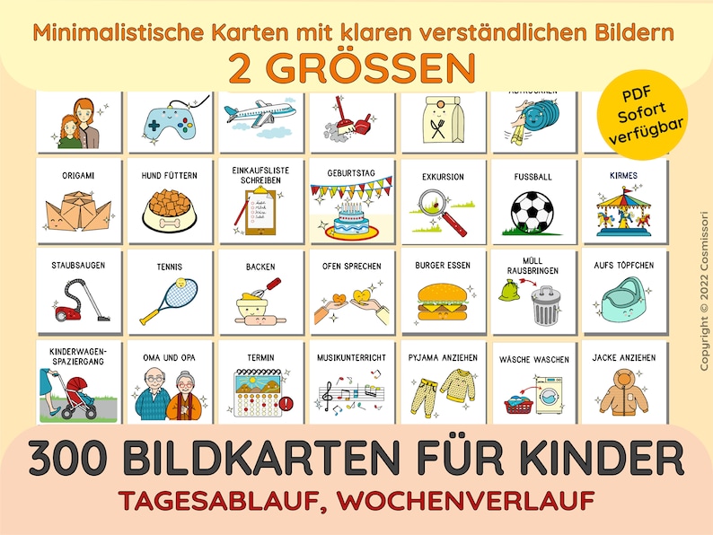 May include: A set of 300 colorful picture cards for children, featuring images of everyday activities and routines. The cards are designed to help children learn about daily life and develop their language skills. The cards are available in two sizes and are perfect for use in the classroom or at home.