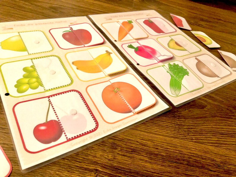 May include: Two sets of flashcards with pictures of fruits and vegetables cut in half. The cards are labeled "Find the matching half" and "Find the other half".