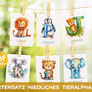 Cartes d'art Alphabet d'animaux mignons ABC Animaux Bébés Aquarelle Décoration de chambre d'enfant Cartes Guirlande DIY Enfant Bébé Tout-petit Cadeau Allemand