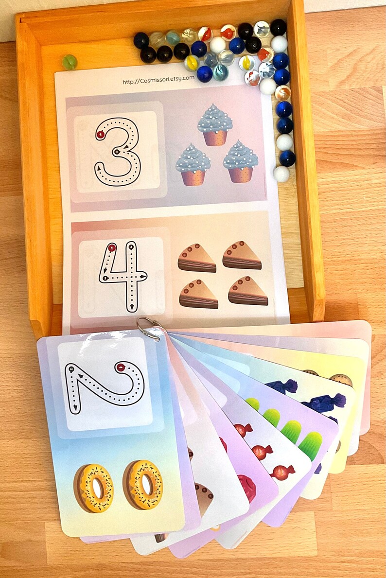 May include: A set of colourful flashcards with numbers 1 through 4, each featuring a different image. The numbers are outlined in black with red dots for starting points. The images include cupcakes, cake slices, doughnuts, and sweets. The text "http://cosmissorletsy.com" is printed at the top of the cards.